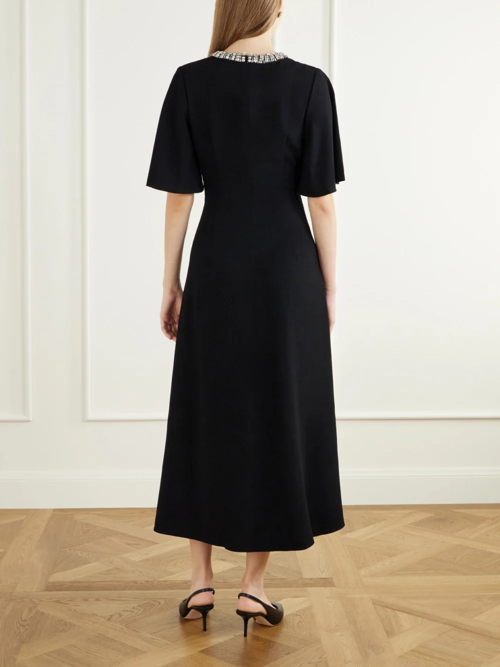 Back view of the Rebecca Vallance Noemie Crystal-embellished Draped Crepe Midi Dress
