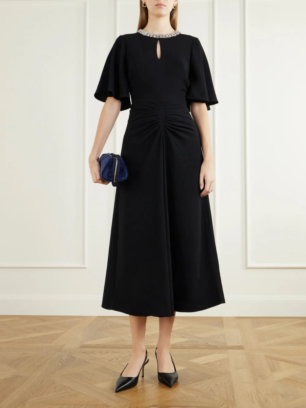 Rebecca Vallance Noemie Crystal-embellished Draped Crepe Midi Dress, worn by a model