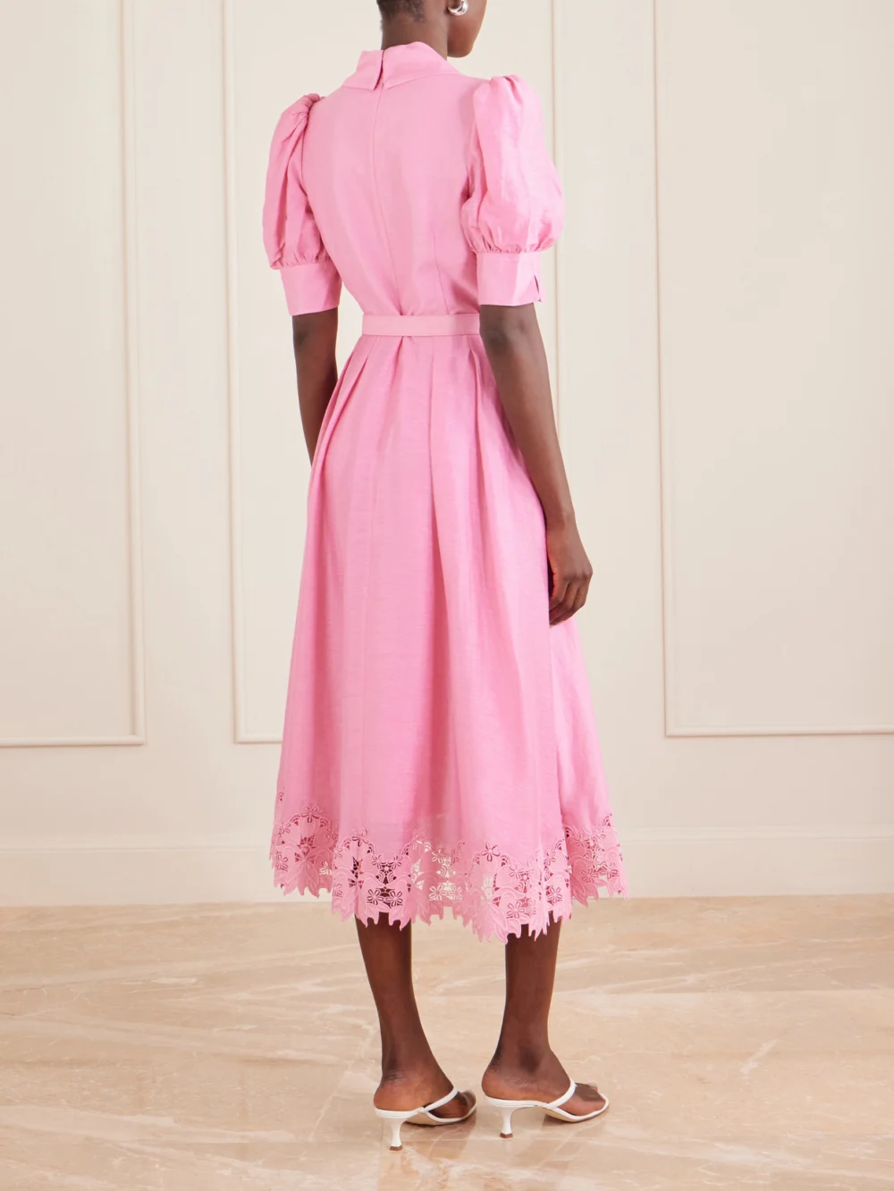 Back view of the Rebecca Vallance Petalite Belted Broderie Anglaise-trimmed Poplin Midi Dress