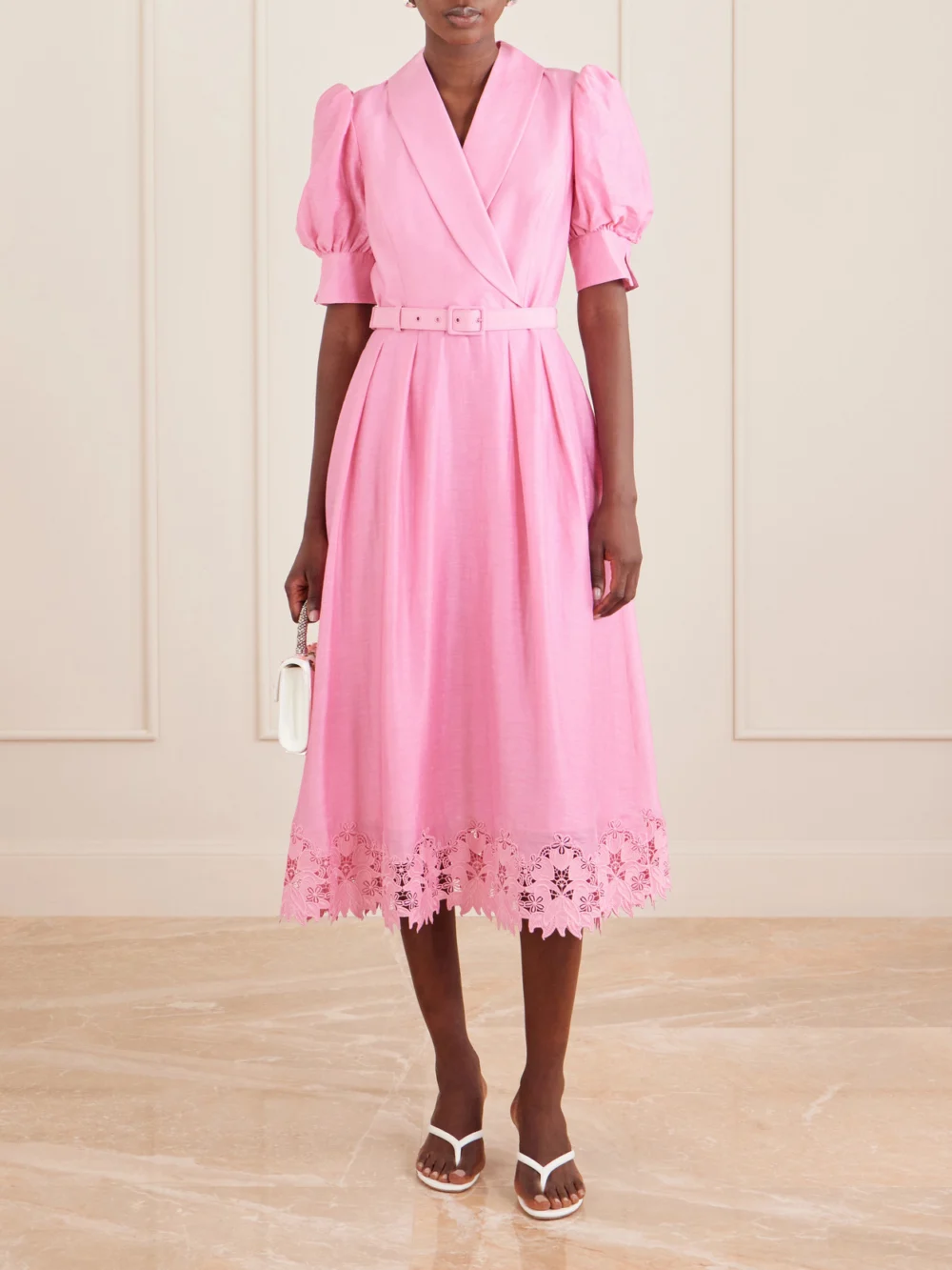 Rebecca Vallance Petalite Belted Broderie Anglaise-trimmed Poplin Midi Dress, worn by a model