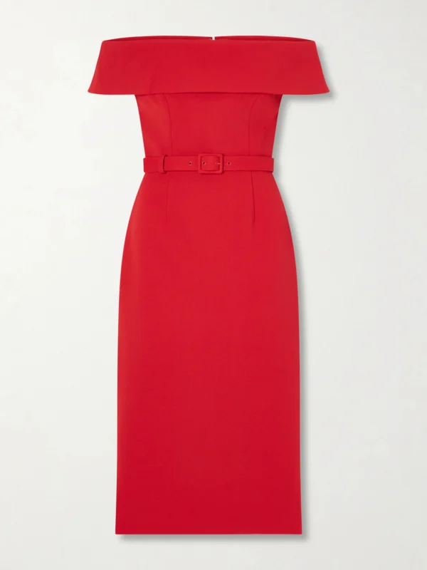 Rebecca Vallance Precious Off-the-shoulder Belted Crepe Midi Dress