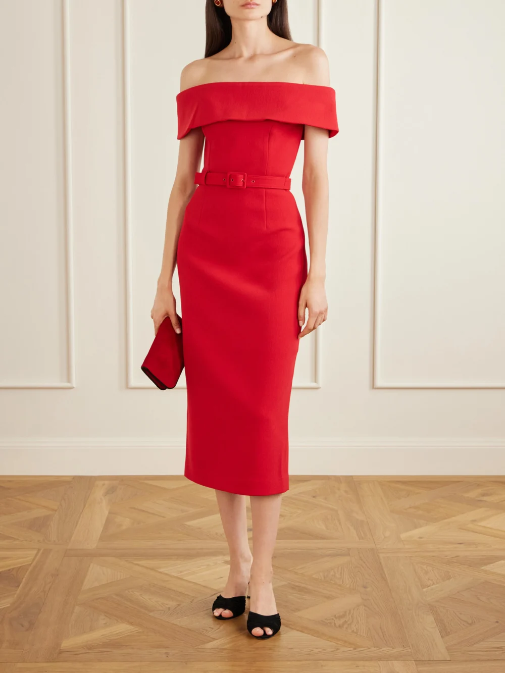 Rebecca Vallance Precious Off-the-shoulder Belted Crepe Midi Dress, worn by a model