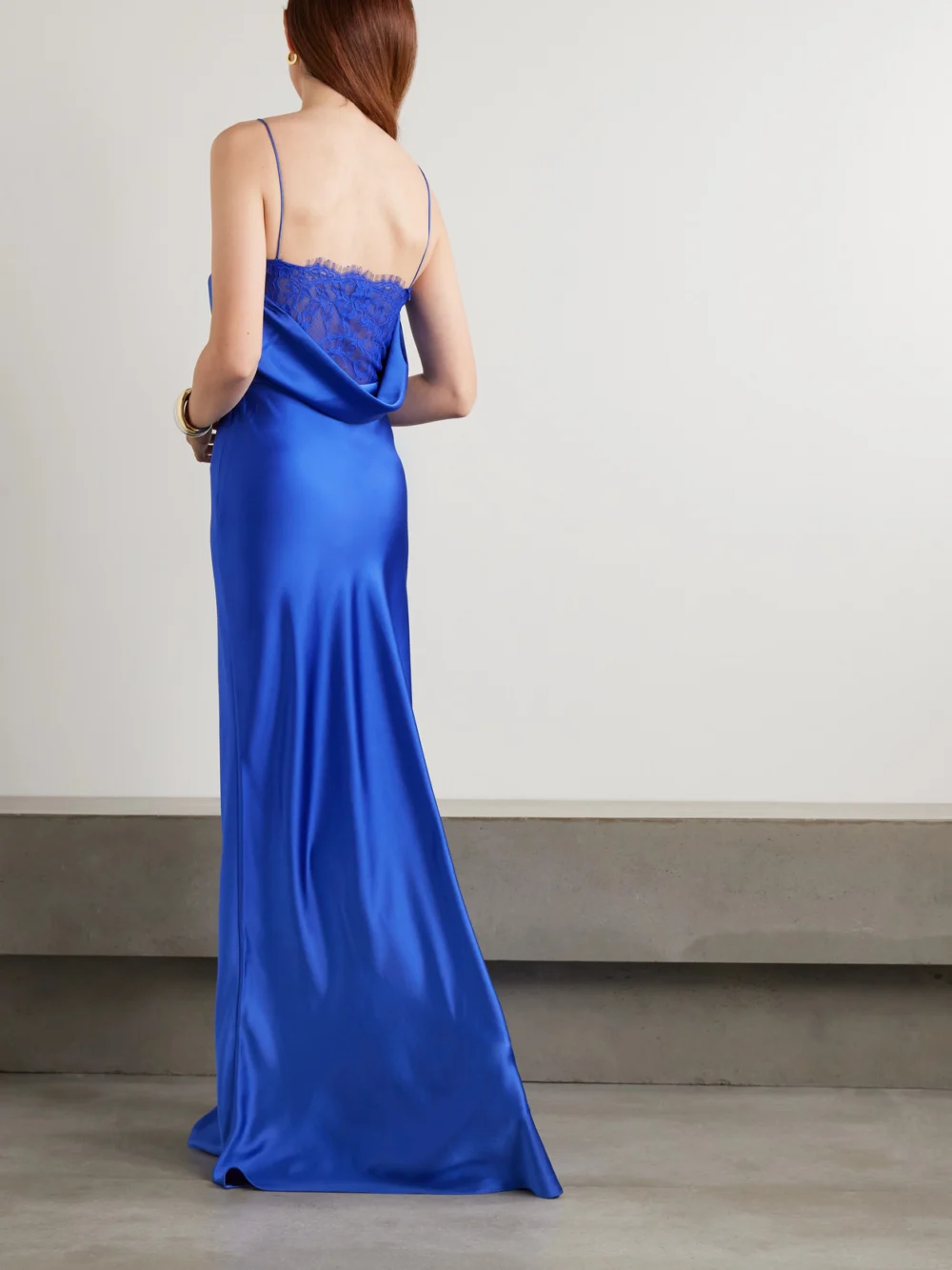Back view of the Rebecca Vallance Remi Lace-trimmed Satin Gown