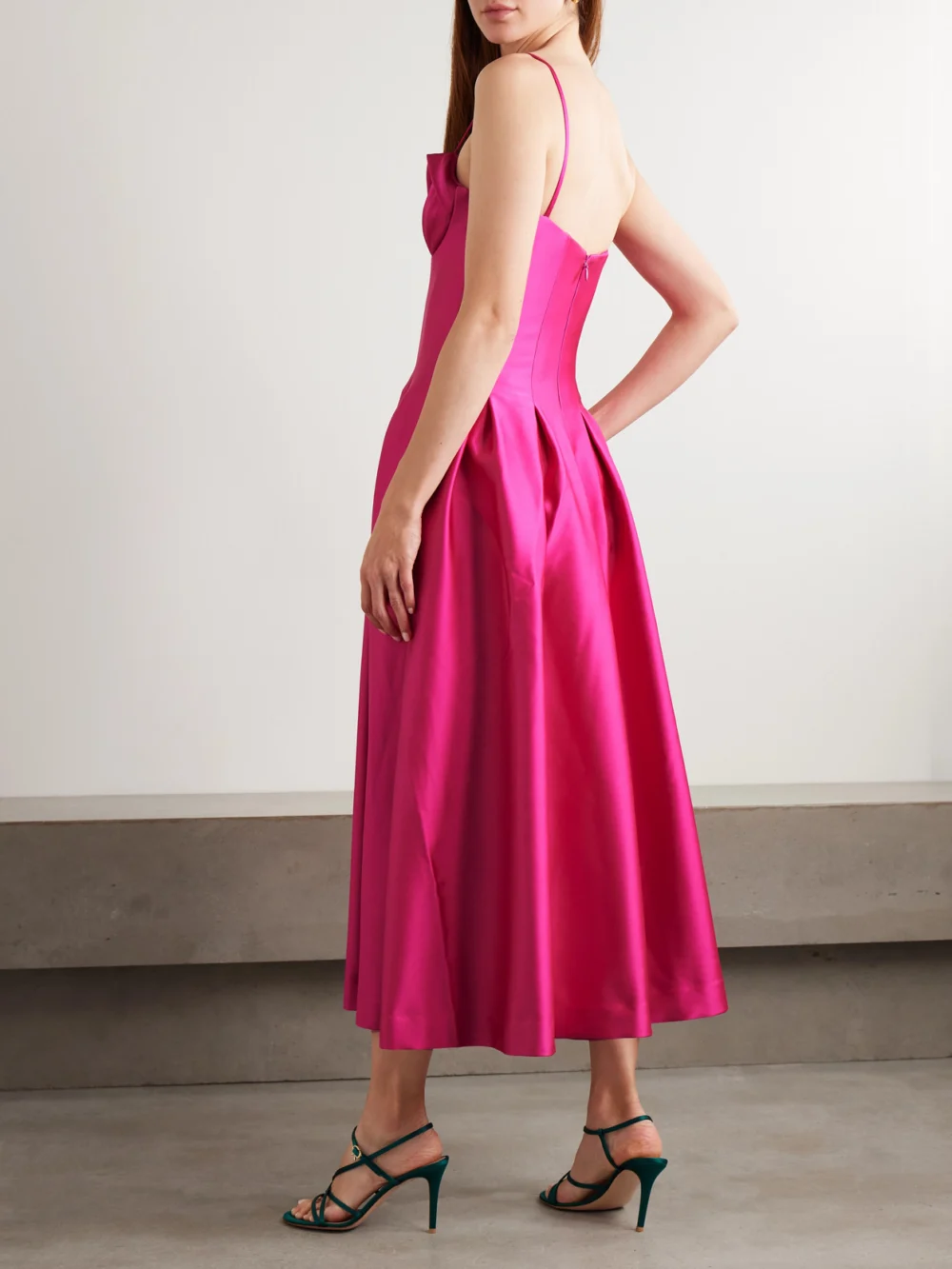 Back view of the Rebecca Vallance Saskia Pleated Bonded-satin Midi Dress