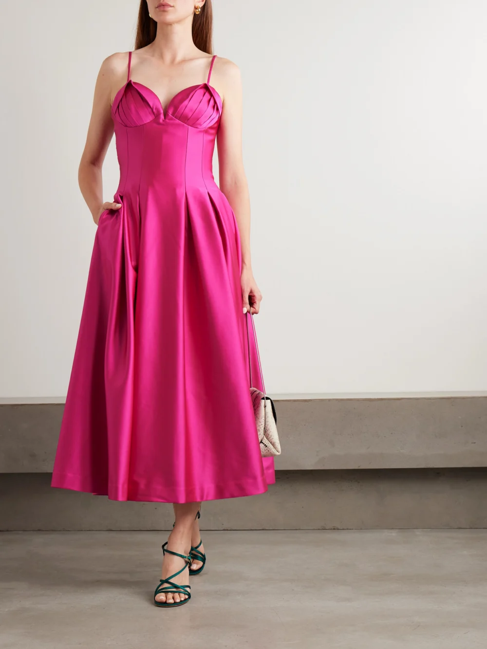 Rebecca Vallance Saskia Pleated Bonded-satin Midi Dress, worn by a model