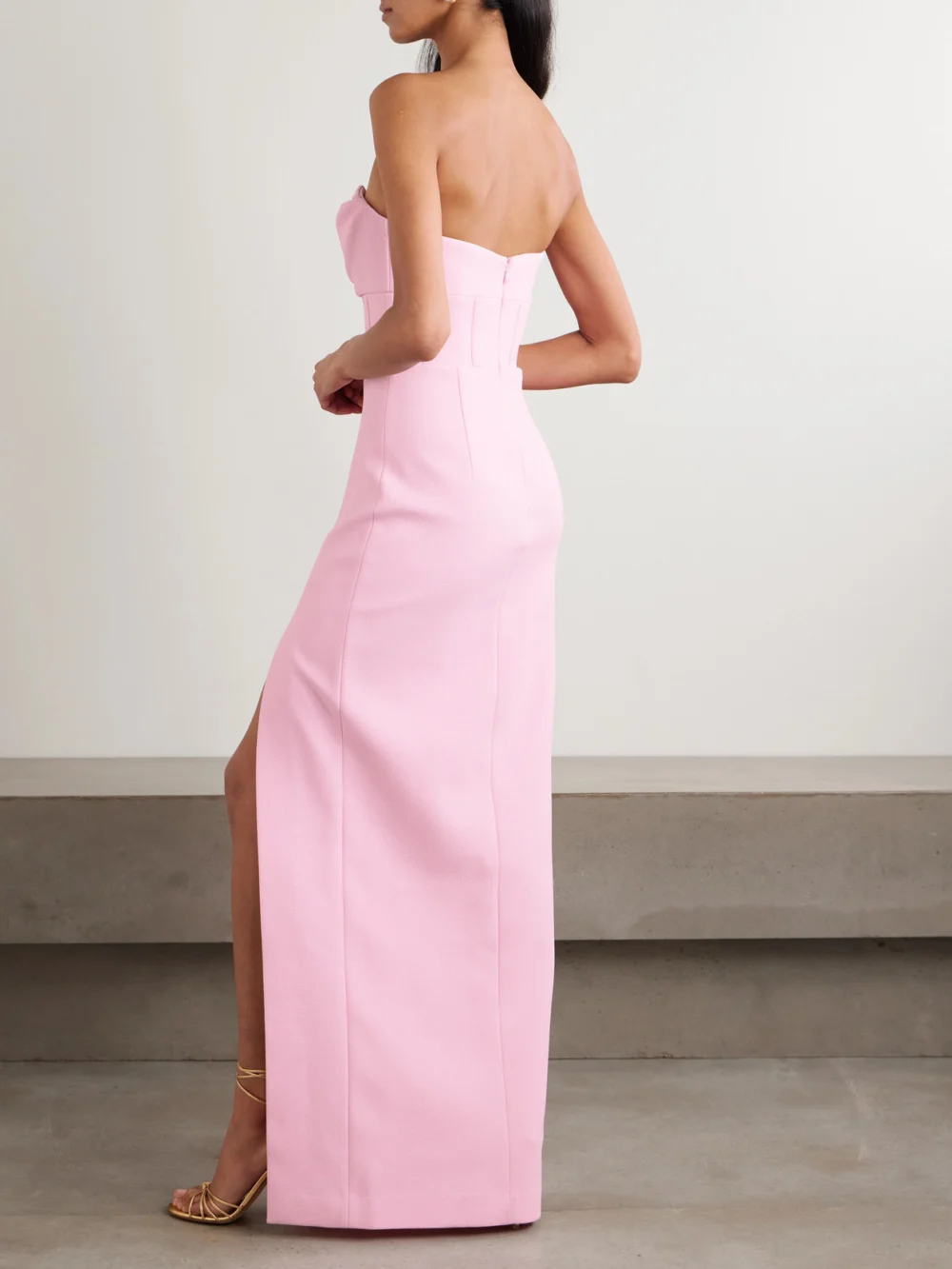 Back view of the Rebecca Vallance Skyla Strapless Draped Crepe Gown
