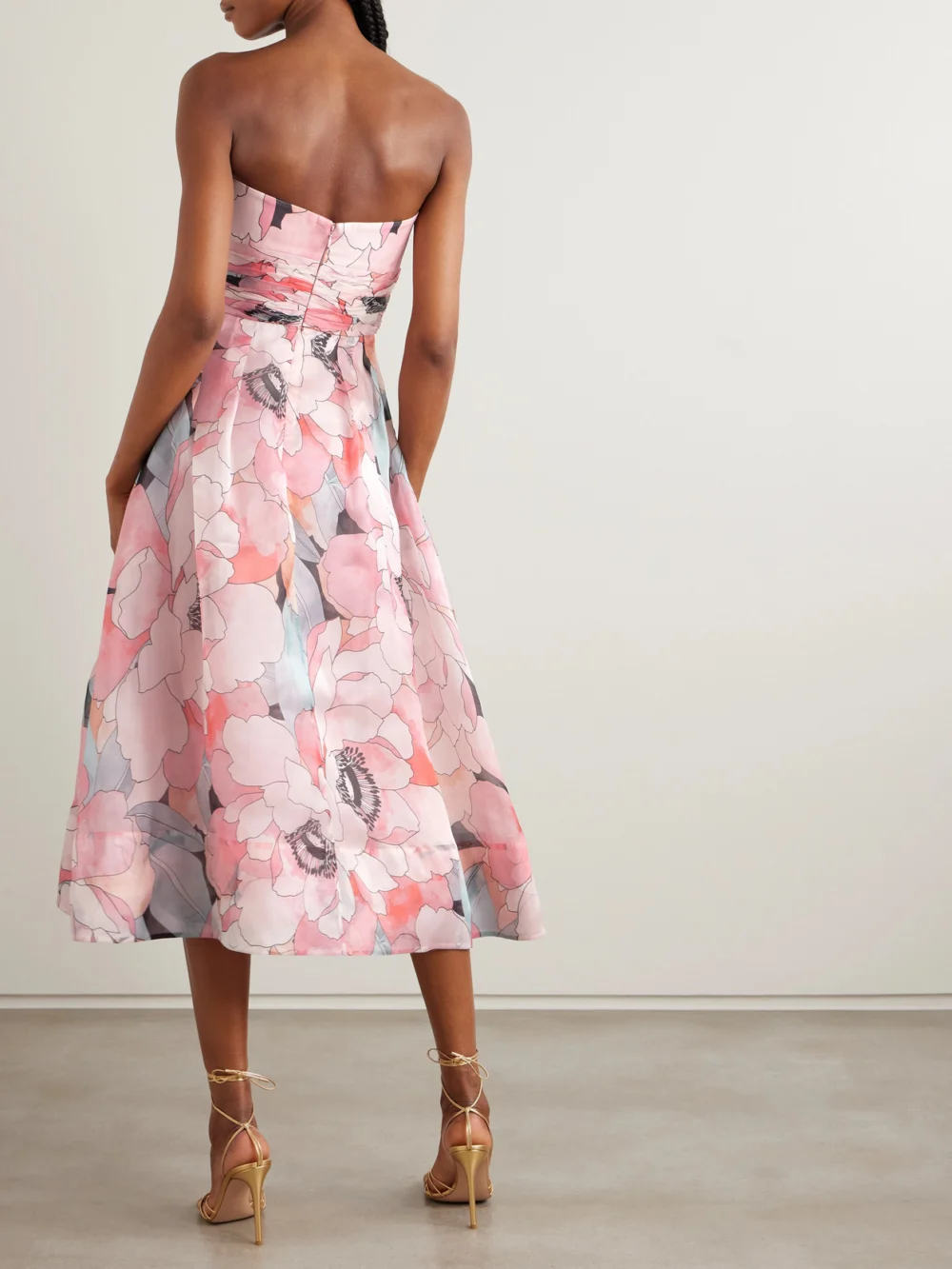 Back view of the Rebecca Vallance Strapless Gathered Floral-print Silk-organza Midi Dress