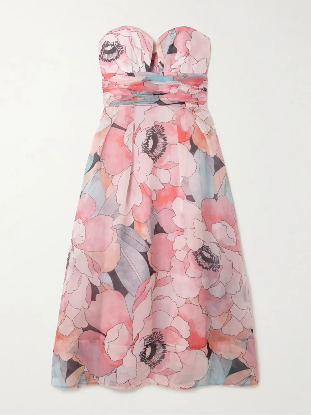 Rebecca Vallance Strapless Gathered Floral-print Silk-organza Midi Dress in blush