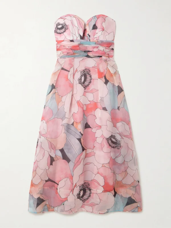 Rebecca Vallance Strapless Gathered Floral-print Silk-organza Midi Dress