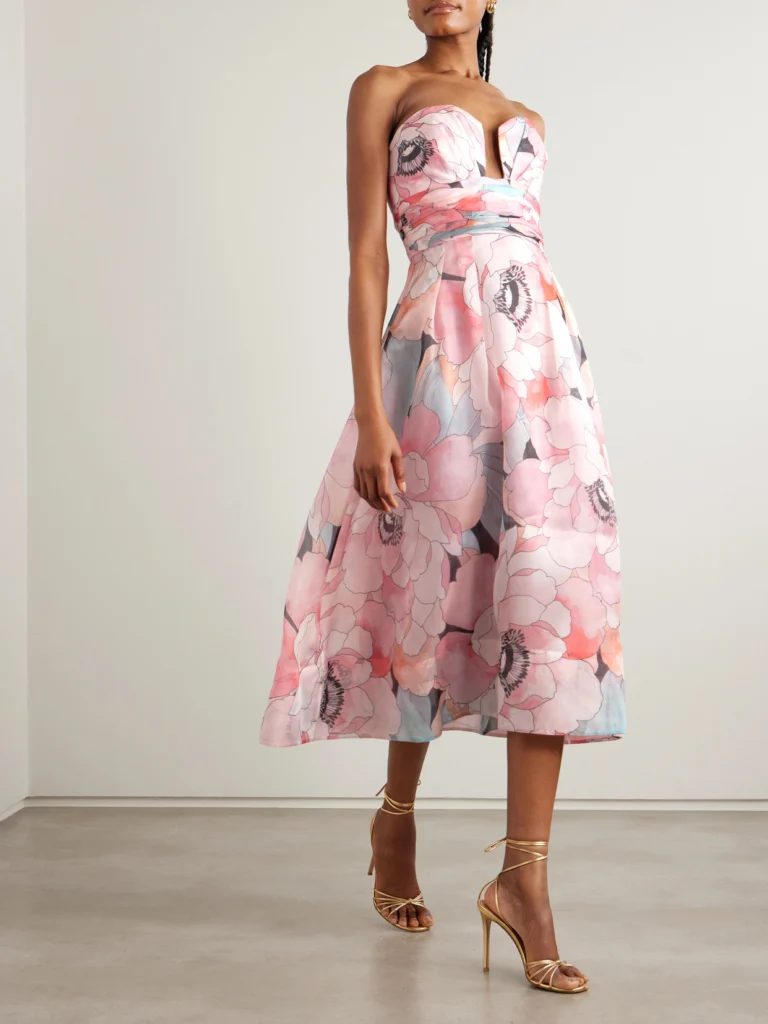 Rebecca Vallance Strapless Gathered Floral-print Silk-organza Midi Dress