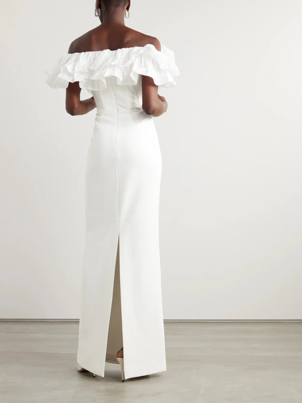 Back view of the Rebecca Vallance Tessa Off-the-shoulder Taffeta-trimmed Crepe Gown