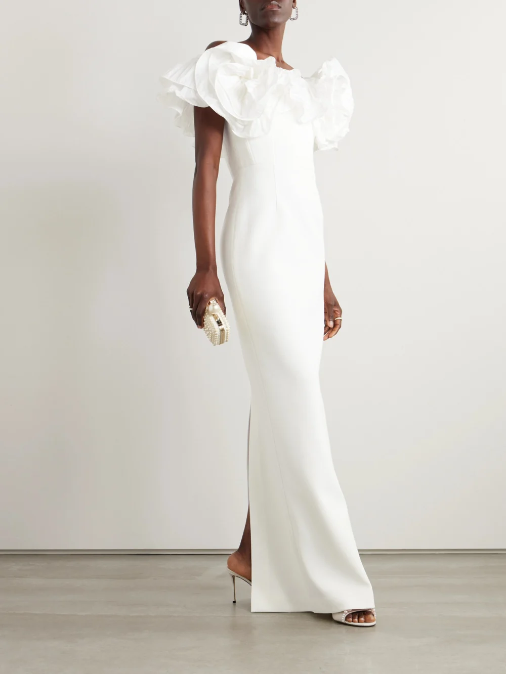 Rebecca Vallance Tessa Off-the-shoulder Taffeta-trimmed Crepe Gown, worn by a model