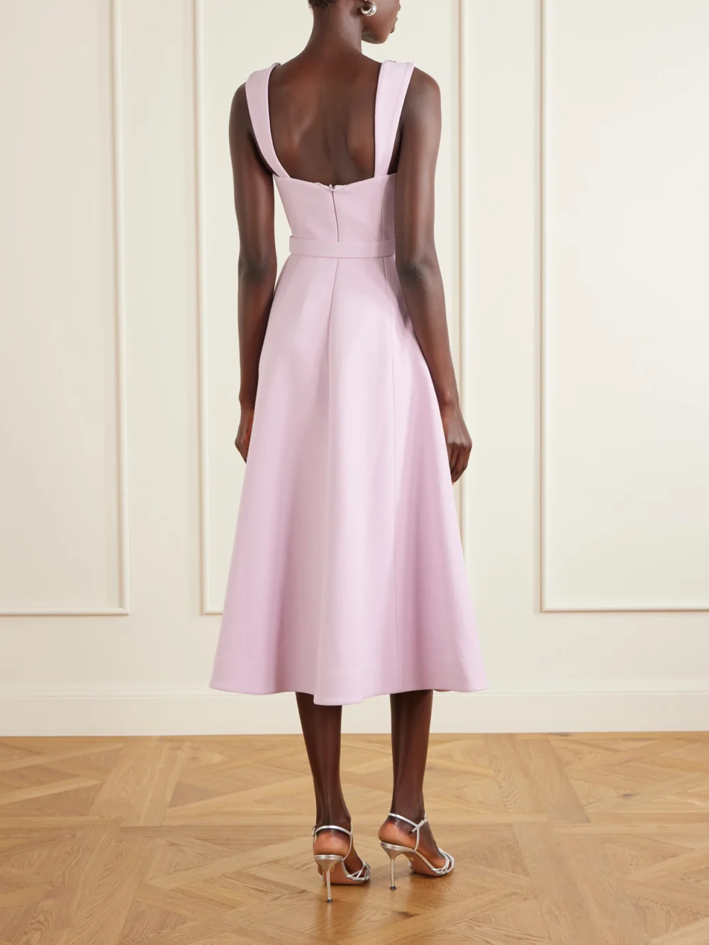 Back view of the Rebecca Vallance Yolanda Belted Crystal-embellished Crepe Midi Dress