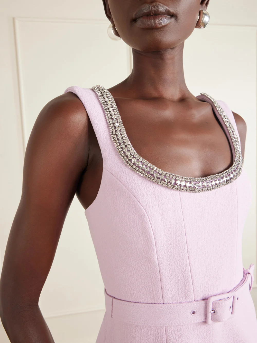 Close-up detail of the Rebecca Vallance Yolanda Belted Crystal-embellished Crepe Midi Dress