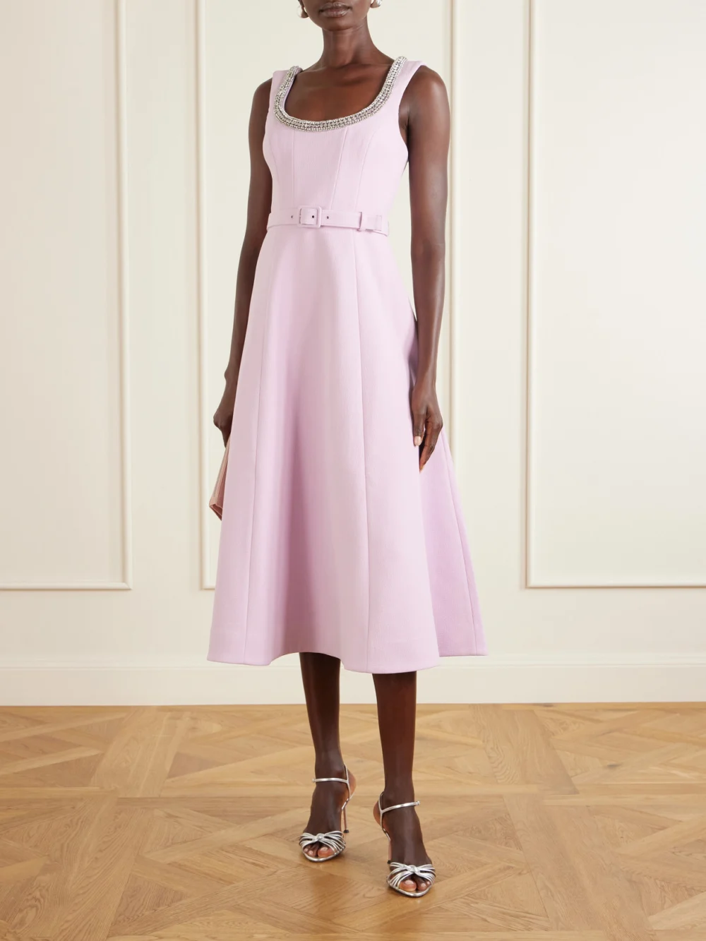 Rebecca Vallance Yolanda Belted Crystal-embellished Crepe Midi Dress, worn by a model