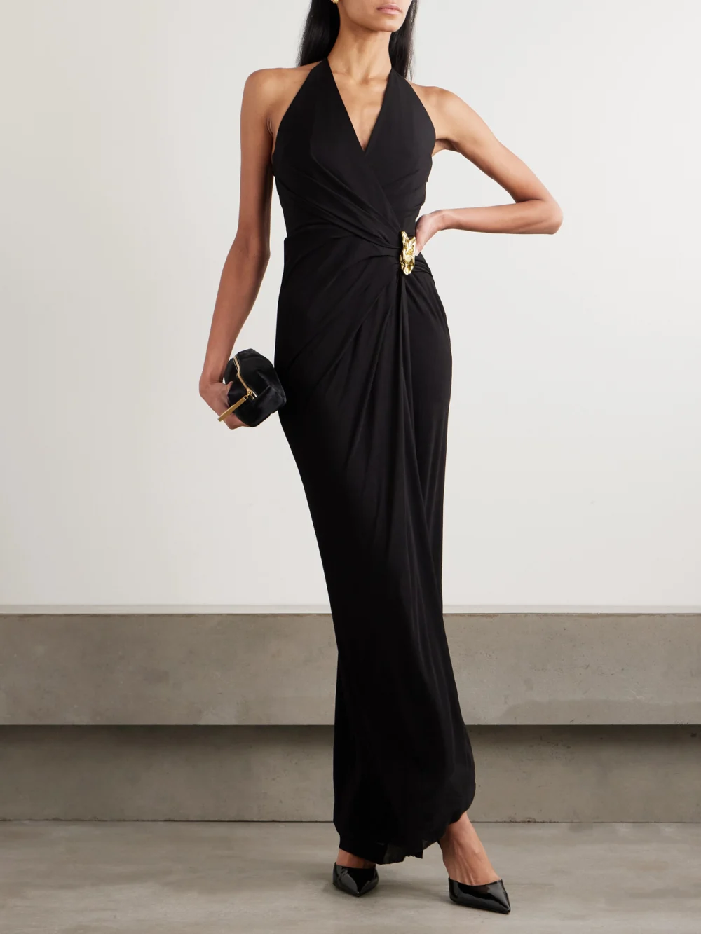 Rebecca Vallance Zaley Draped Embellished Jersey Halterneck Maxi Dress, worn by a model