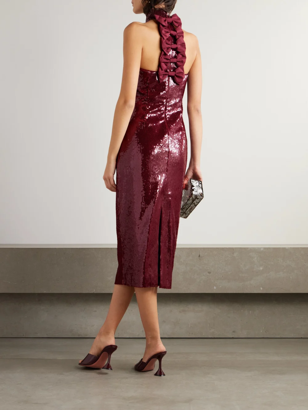 Back view of the Rebecca Vallance Zelda Bow-detailed Sequined Satin Midi Dress