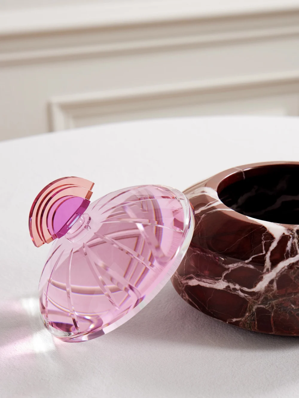 Close-up detail of the Reflections Copenhagen Cherry Marble and Crystal Bonbonniere