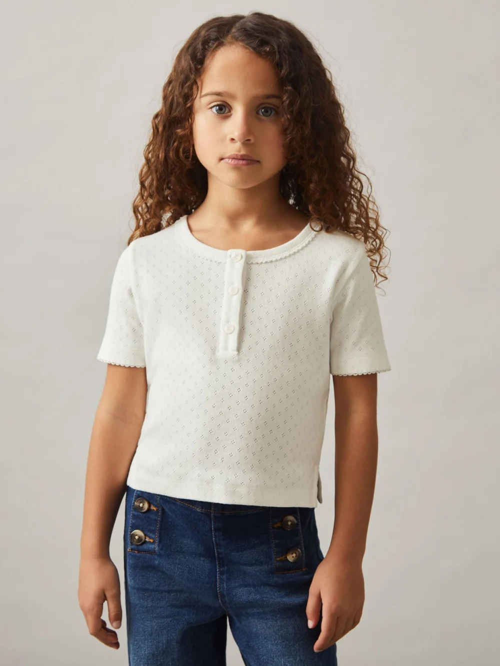 Reiss 13-14 yrs Cotton Pointelle Button T-shirt, view 2