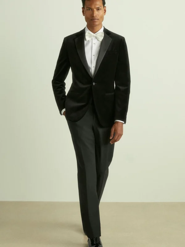 Reiss Ace Mens Black Cotton Single Breasted Velvet Blazer
