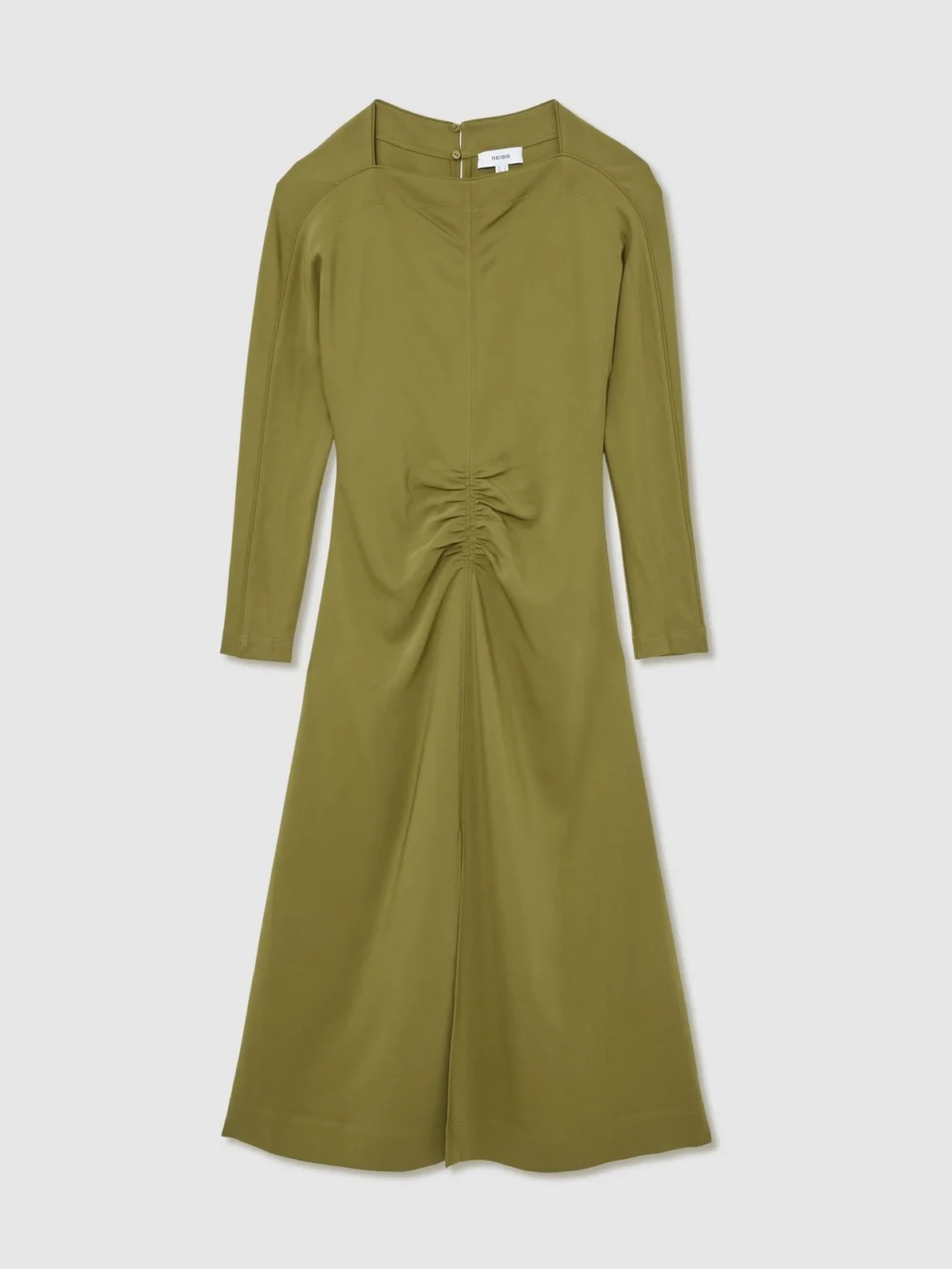 Reiss Adriana Chartreuse Green Ruched Long-sleeve Midi Dress, view 2