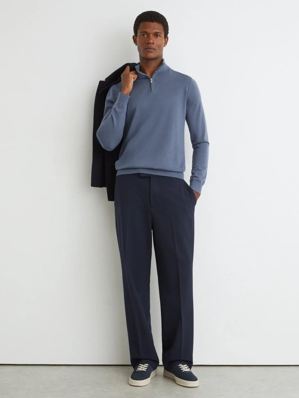 Reiss Airforce Blue & Oatmeal Merino Wool Half-zip Jumper in airforce blue/oatmeal