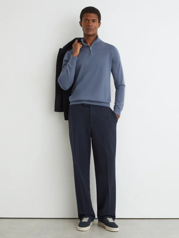 Reiss Airforce Blue & Oatmeal Merino Wool Half-zip Jumper