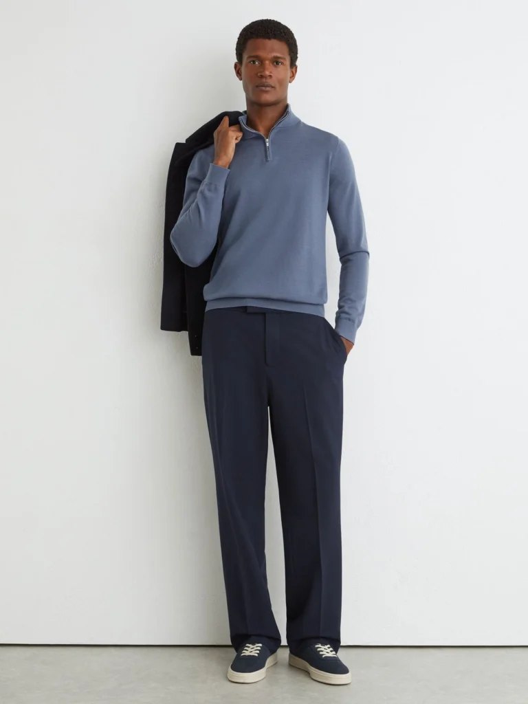 Reiss Airforce Blue & Oatmeal Merino Wool Half-zip Jumper