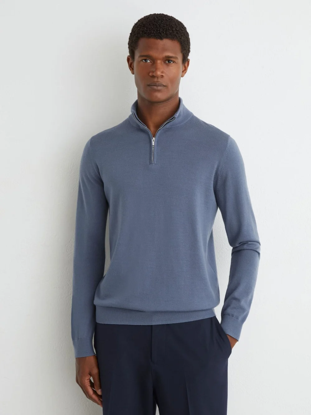 Reiss Airforce Blue & Oatmeal Merino Wool Half-zip Jumper, view 3