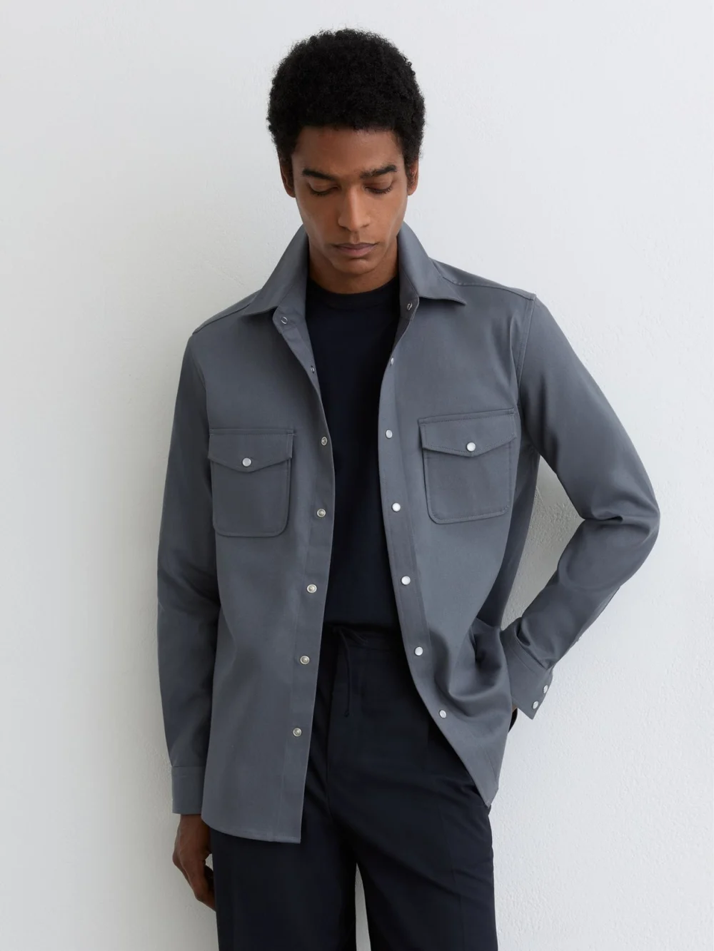 Reiss Airforce Blue Cotton-twill Twin-pocket Overshirt with Stretch