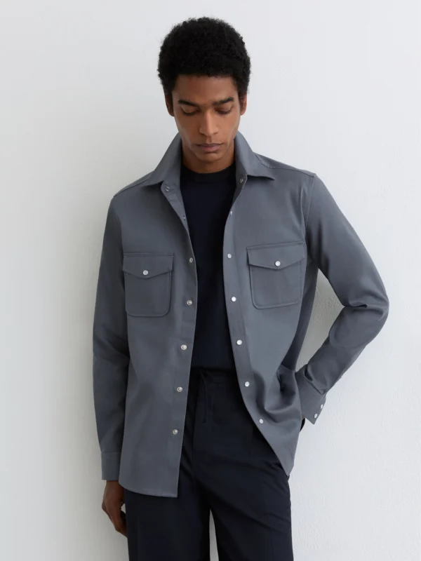 Reiss Airforce Blue Cotton-twill Twin-pocket Overshirt with Stretch