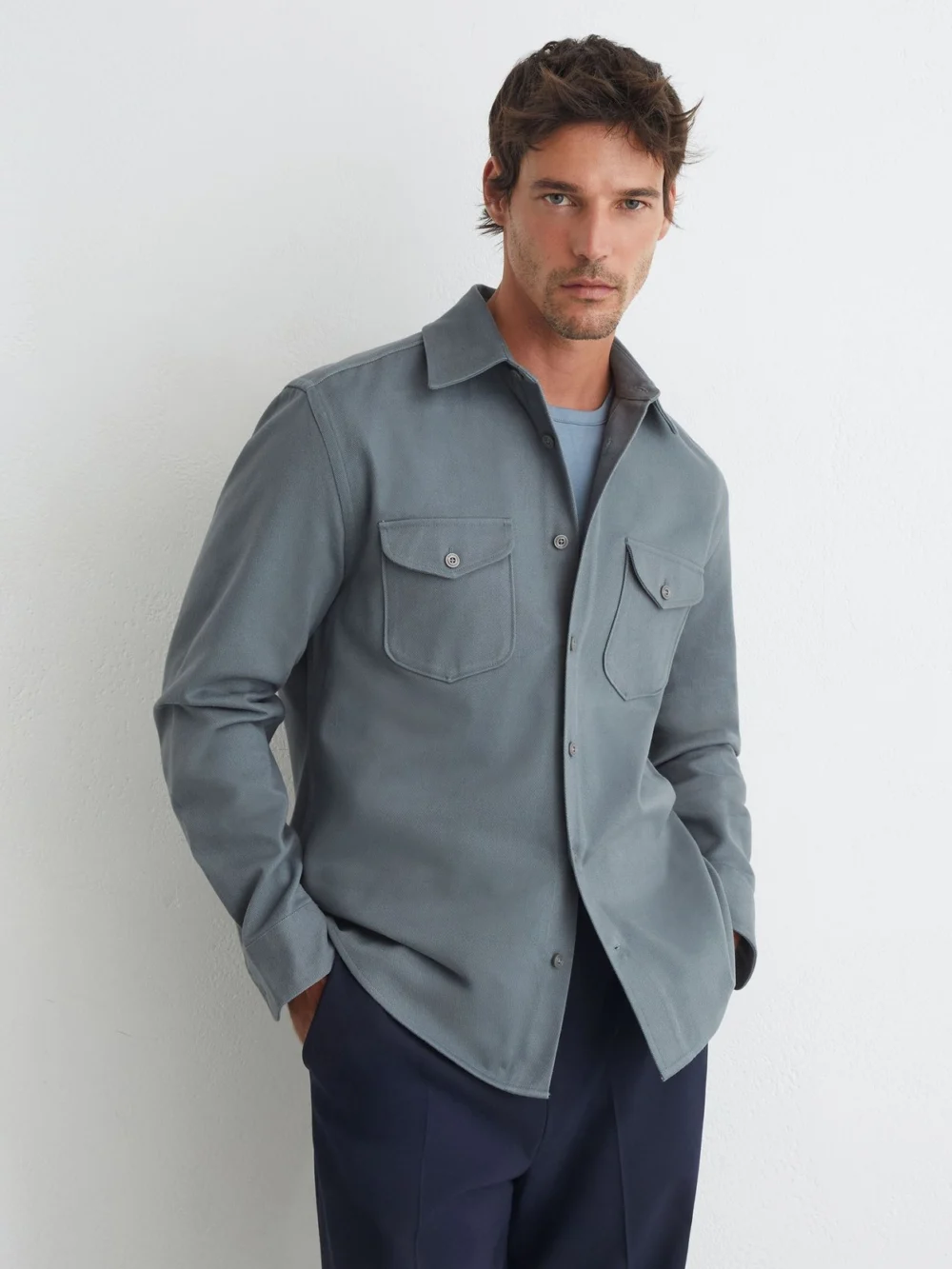 Reiss Airforce Blue Cotton-twill Twin-pocket Regular-fit Shirt, view 3