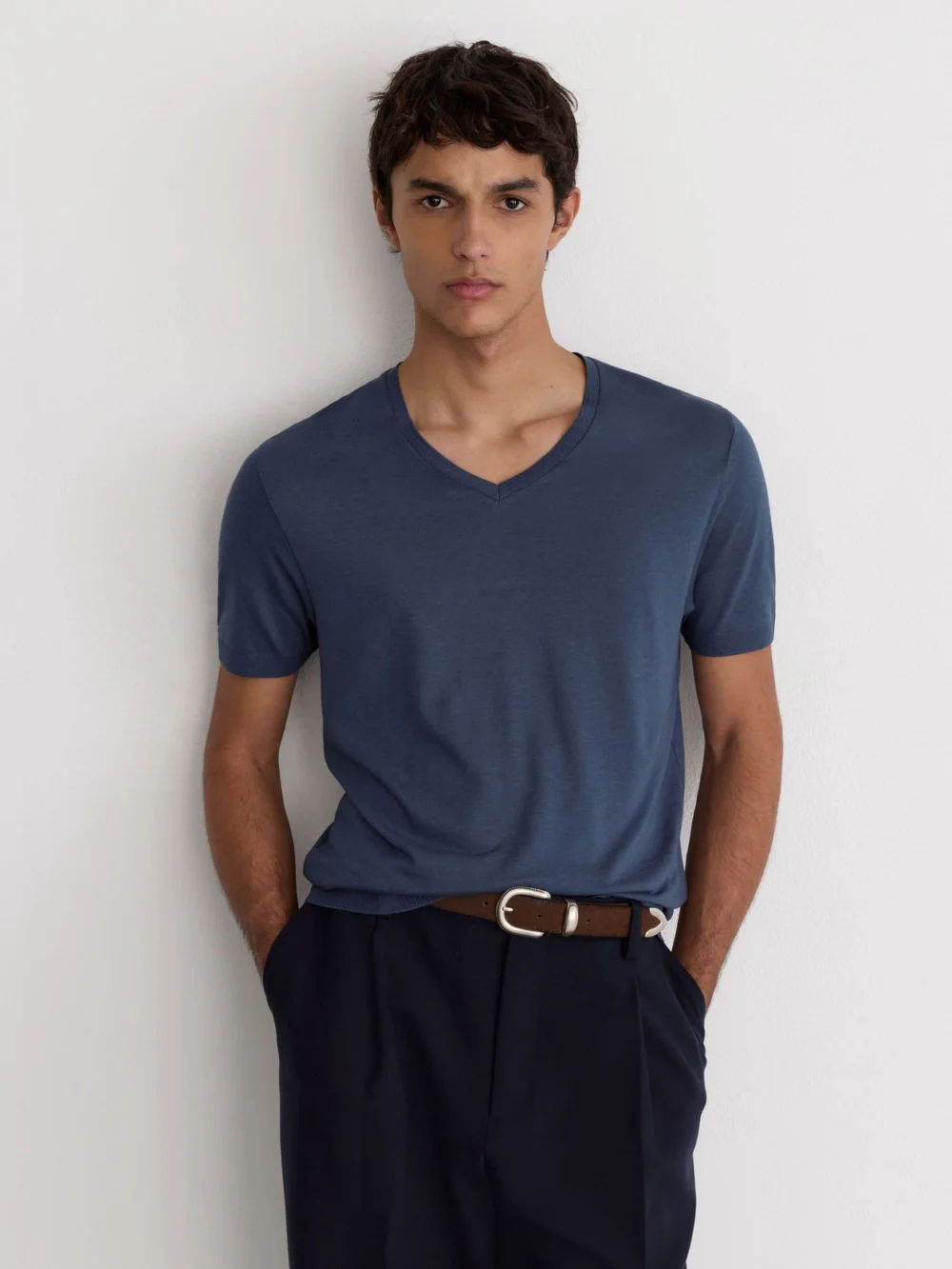 Reiss Airforce Blue Cotton- V-neck Tailored-fit T-shirt