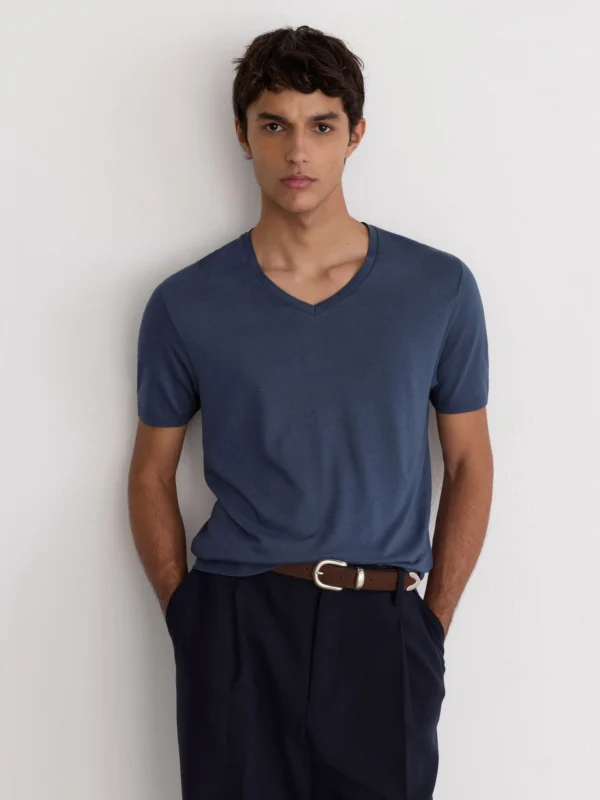 Reiss Airforce Blue Cotton- V-neck Tailored-fit T-shirt