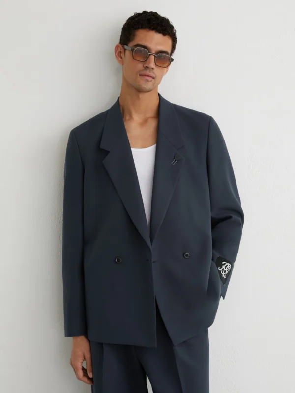 Reiss Airforce Blue Monogram Relaxed-fit Double-breasted Blazer