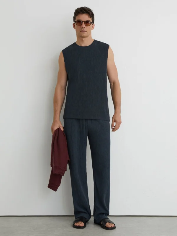 Reiss Airforce Blue Plissé Relaxed Drawstring Trousers