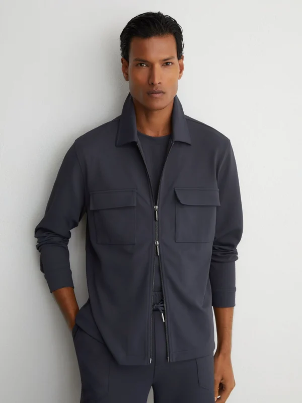 Reiss Airforce Blue R-flex Stretch-twill Zip-through Overshirt
