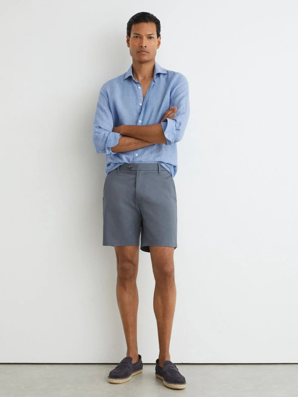 Reiss Airforce Blue Regular Length Cotton Chino Shorts with Stretch, view 6