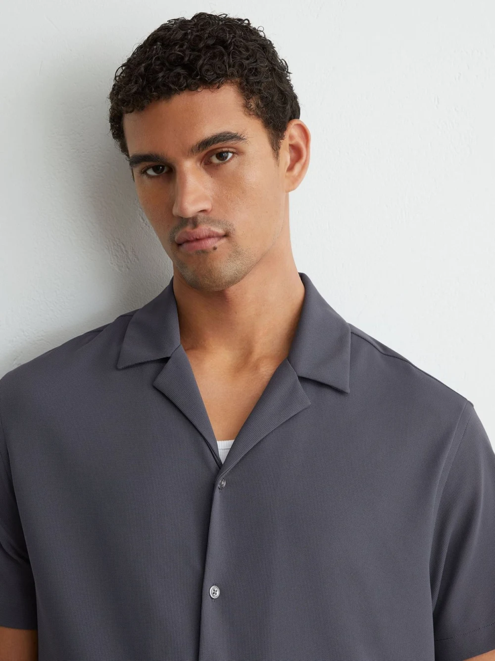 Reiss Airforce Blue Stretch Textured Cuban-collar Shirt