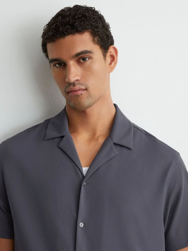 Reiss Airforce Blue Stretch Textured Cuban-collar Shirt