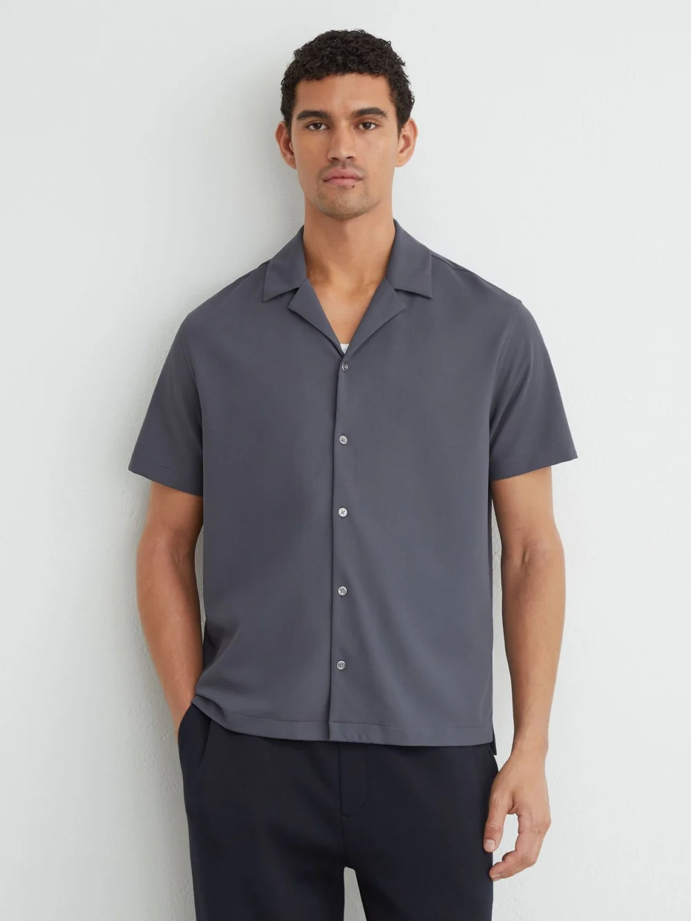 Reiss Airforce Blue Stretch Textured Cuban-collar Shirt, view 3