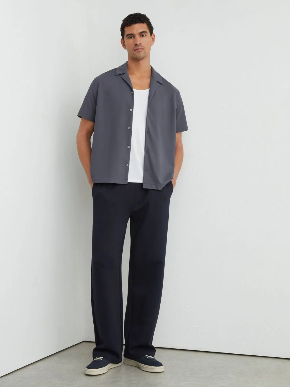 Reiss Airforce Blue Stretch Textured Cuban-collar Shirt, view 4