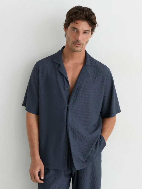 Reiss Airforce Blue Textured Cuban-collar Short-sleeve Shirt