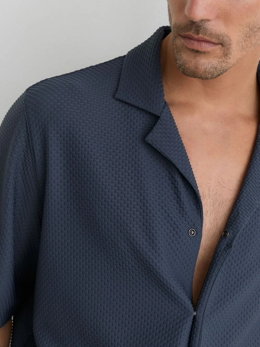 Reiss Airforce Blue Textured Cuban-collar Short-sleeve Shirt, view 3
