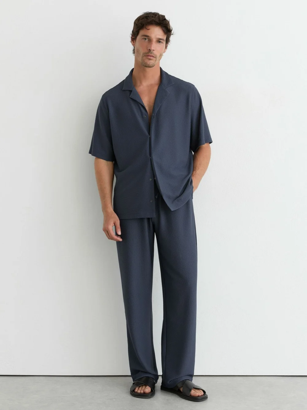 Reiss Airforce Blue Textured Cuban-collar Short-sleeve Shirt, view 4