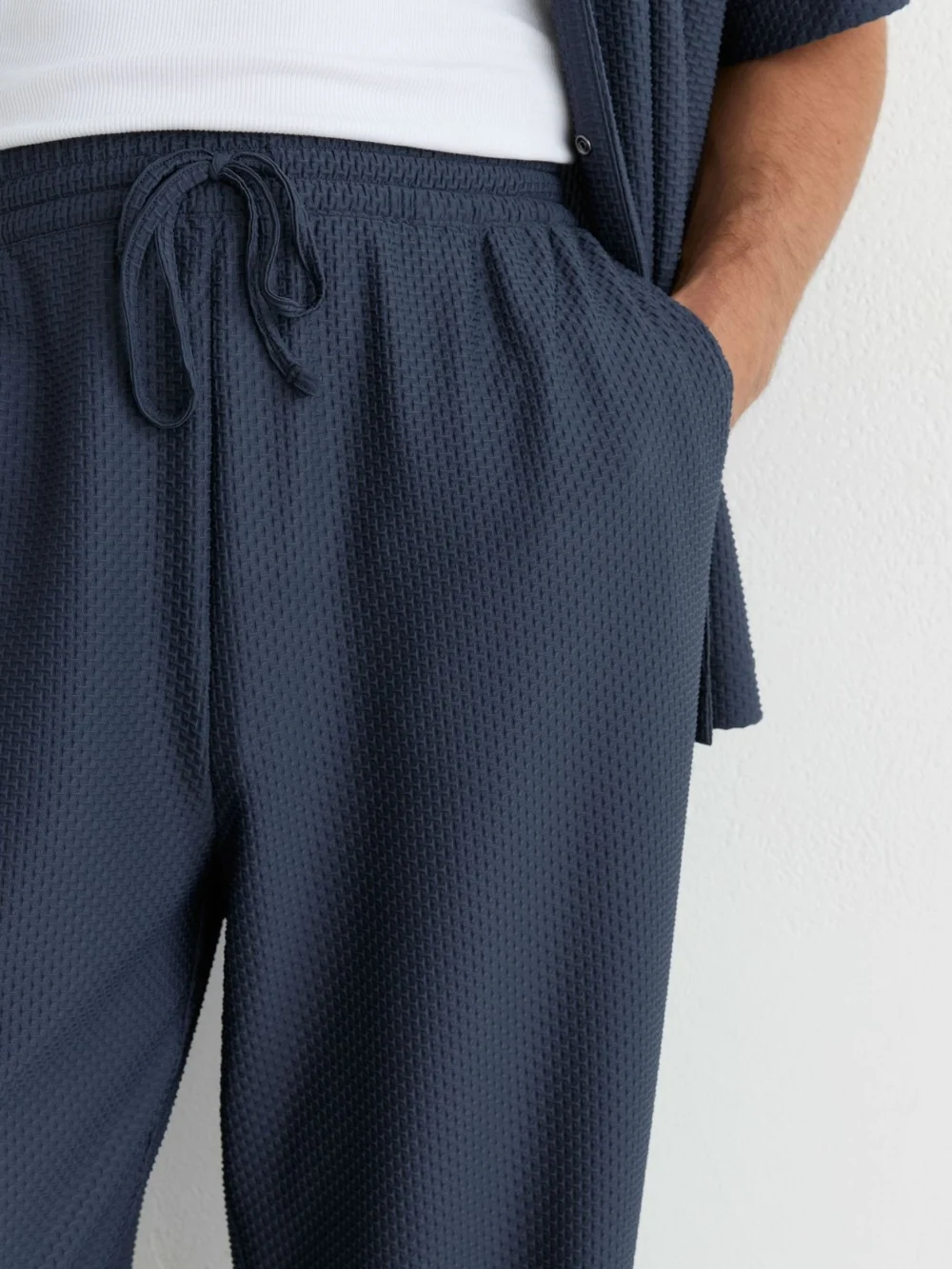 Reiss Airforce Blue Textured Drawstring Relaxed-fit Trousers, view 3