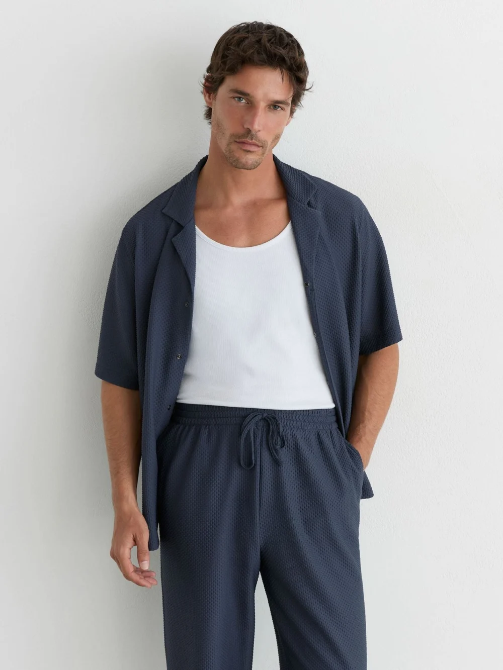 Reiss Airforce Blue Textured Drawstring Relaxed-fit Trousers, view 4
