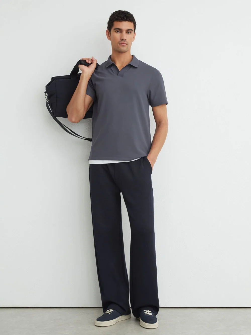 Reiss Airforce Blue Textured Open-collar Polo Shirt, view 4