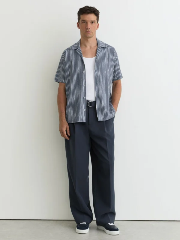 Reiss Airforce Blue Textured Stripe Cuban-collar Shirt