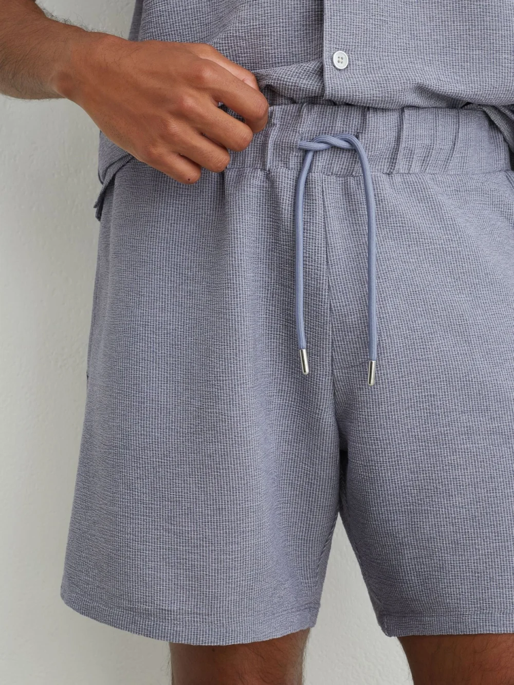 Reiss Airforce Blue Textured Stripe Drawstring Shorts, view 4